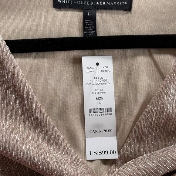 WHBM Metallic Pink Shimmer Long Sleeve V Neck Blouse Size Large NEW - Picture 3 of 9